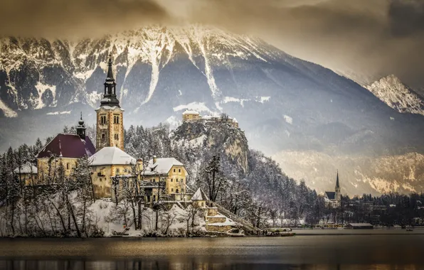 Winter, mountains, lake, Slovenia, Lake Bled