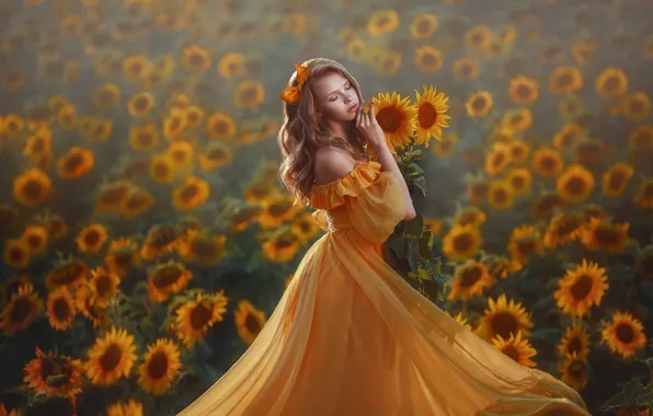Picture field, girl, sunflowers, pose, mood, dress, closed eyes, Lera Of Vasiljeva