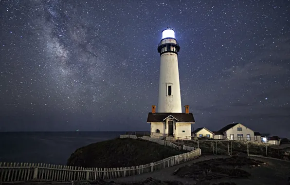Sea, space, stars, lighthouse, The Milky Way
