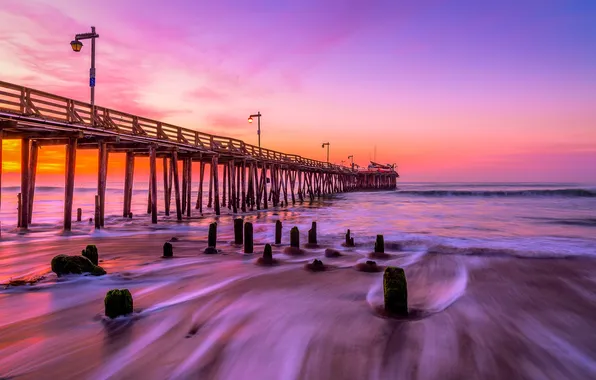 Sea, sunset, Bridge