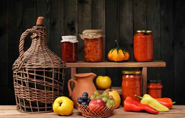 Fruit, still life, vegetables, jam