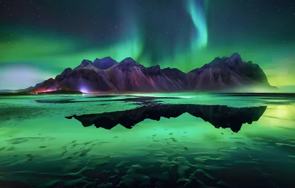 Picture beach, stars, mountains, night, Northern lights, Iceland