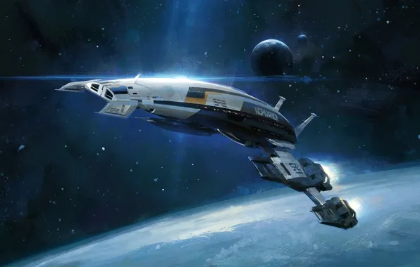 Space, ship, planet, space, Normandy, mass effect, normandy, mass effect
