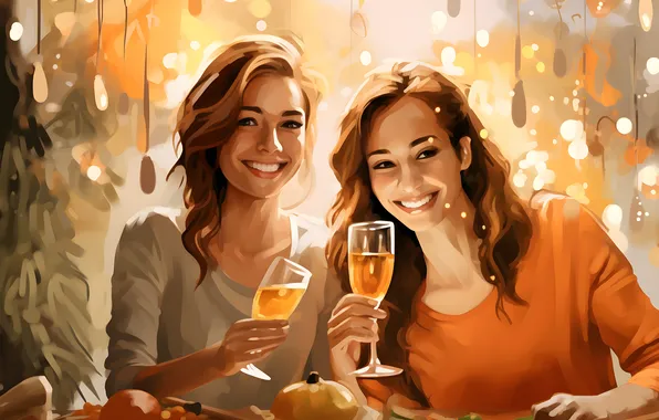 Picture Girls, Glasses, Smile, Christmas, New year, Two, Joy, Digital art