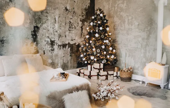 Balls, room, holiday, wall, furniture, spruce, Christmas, gifts