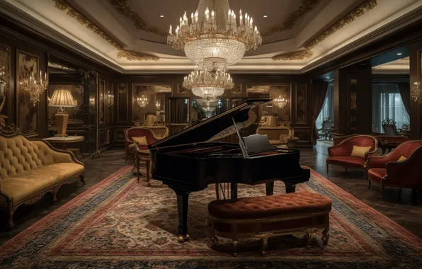 Light, retro, music, carpet, furniture, interior, candles, piano