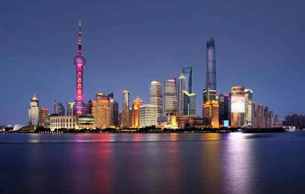 Picture the Huangpu river, Oriental Pearl Tower, Shanghai Tower, Shanghai World Financial Center, China, horizon, river, …