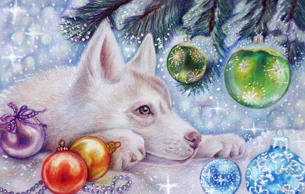 Picture winter, snow, holiday, toys, tree, new year, wolf, art