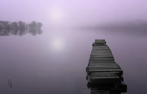 Landscape, bridge, fog, lake, morning