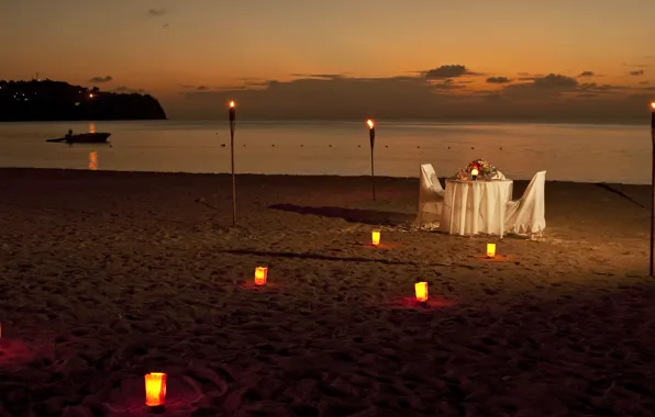 Picture beach, the ocean, romance, the evening, torch, dinner