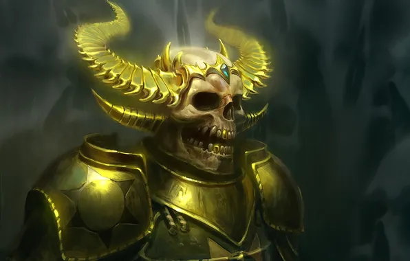 Gold, skull, teeth, art, skeleton, horns, armor, armor