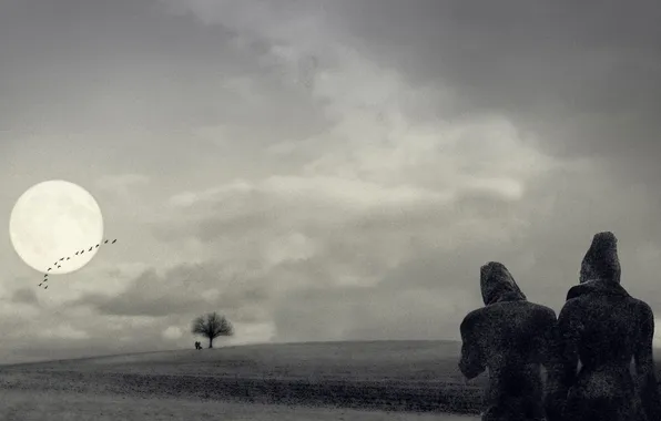 Field, the sky, trees, bird, figure, art, goodbye, Farewell