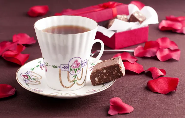 Tea, chocolate, petals, candy, box, flowers, cup, chocolate