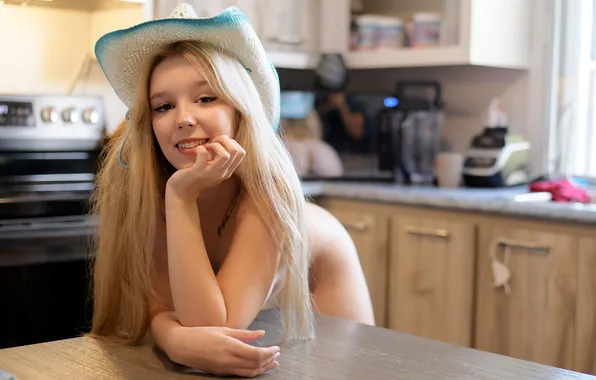 Girl, pose, smile, table, model, positive, blonde, kitchen