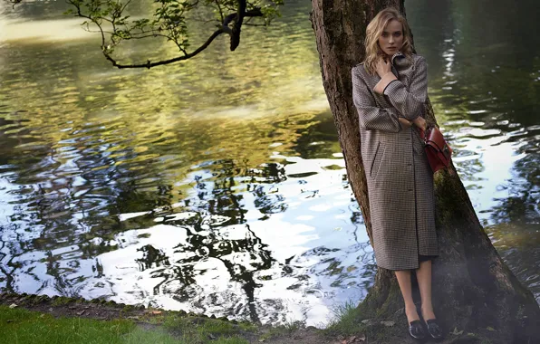 Picture trees, lake, style, actress, fashion, coat, Diane Kruger, Diane Kruger