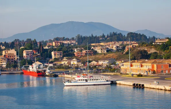 The sun, trees, landscape, mountains, ship, home, Greece, pier