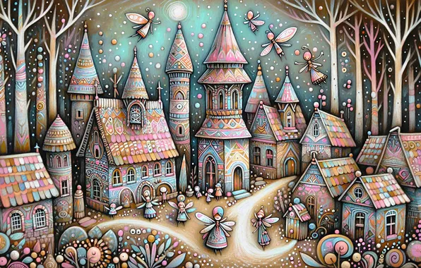 Trees, elves, houses, fairies, fairy world, imitation painting, zasok, AI art