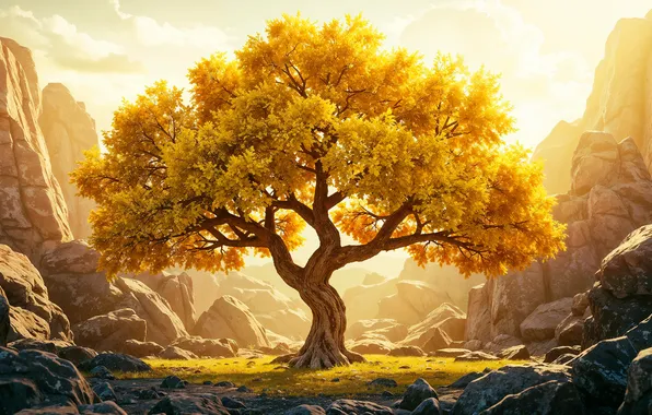 Autumn, the sun, landscape, mountains, nature, fog, stones, tree