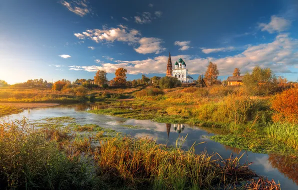 Autumn, the sky, grass, clouds, swamp, puddle, Church, temple