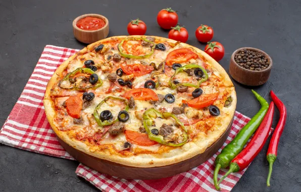 Pepper, pizza, tomatoes, tomatoes, napkin