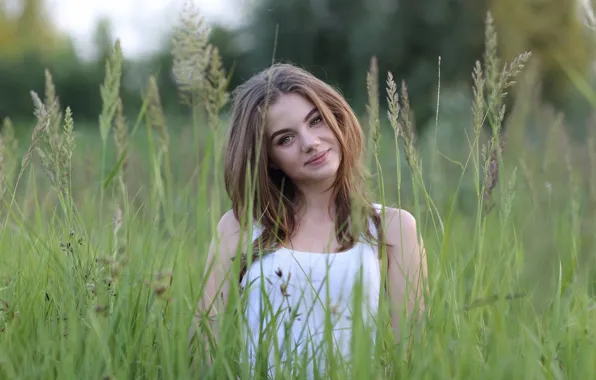 Greens, field, grass, girl, makeup, dress, hairstyle, ears