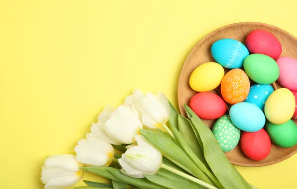 Flowers, eggs, spring, colorful, Easter, tulips, wood, flowers