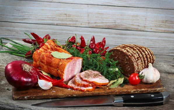 Picture Board, dill, pepper, vegetables, bread, knife, greens, ham