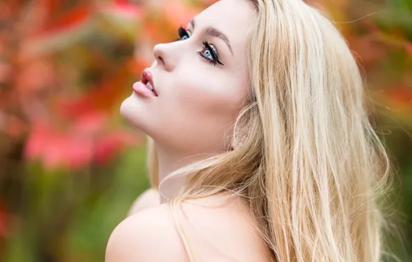 Face, background, model, portrait, makeup, hairstyle, blonde, profile