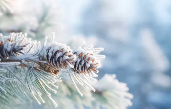 Winter, frost, macro, snow, branches, nature, Christmas, New year