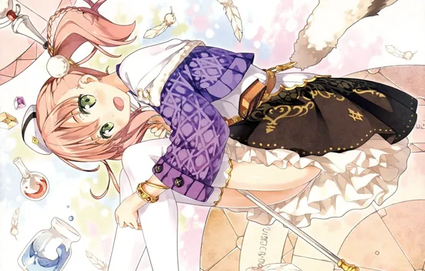 Picture stockings, feathers, girl, bulb, rod, ruffles, pink hair, by Kantoku