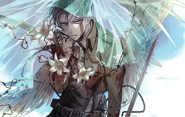 Angel, art, Blood, Weapons, Shingeki no Kyojin, Lily, Attack of the titans, Levi Ackerman
