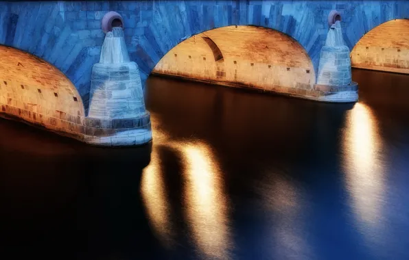 Picture bridge, the city, river, Light, Arcs