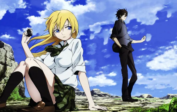 Picture the sky, girl, clouds, stones, guy, himiko, btooom!