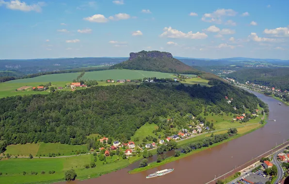 The sky, river, field, ship, mountain, home, Germany, valley