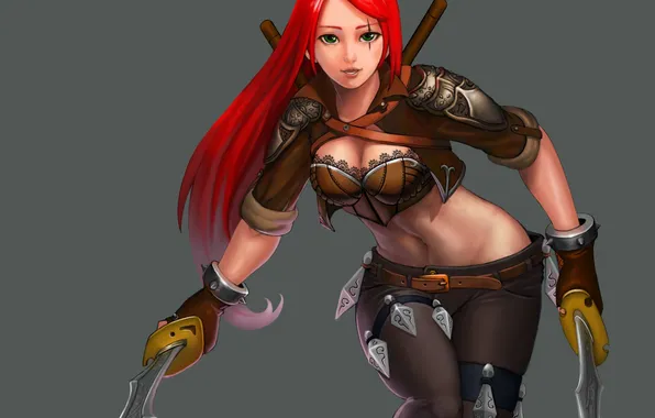 Look, pose, weapons, background, art, green eyes, League of Legends, Katarina