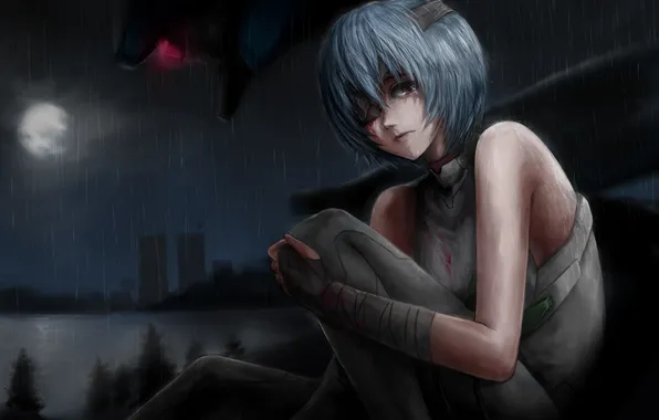 Picture sadness, girl, rain, neon genesis evangelion, fur, ayanami Rei, wounds, rebuild of evangelion