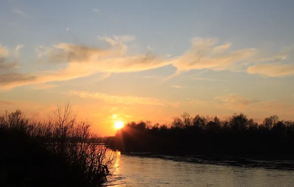 Picture the sky, the sun, sunset, nature, river, photo, dawn