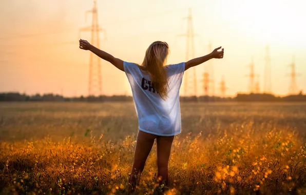 Field, summer, freedom, girl, power lines, I love electricity