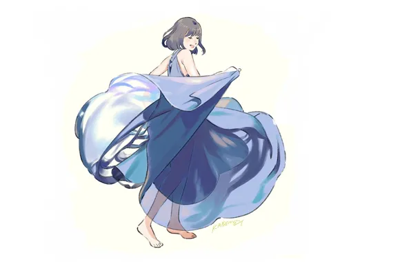 Wallpaper barefoot, dance, joy, blue dress, girl, white background