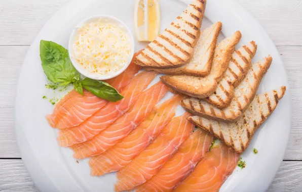 Lemon, food, fish, cheese, bread, cutting, fish, Basil