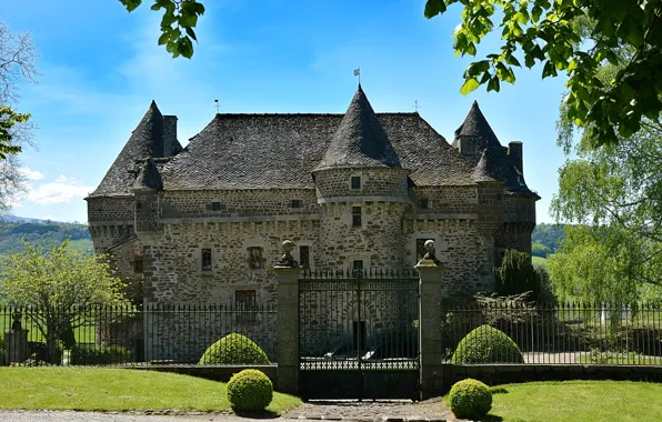 Picture greens, summer, the sky, grass, the sun, trees, castle, the fence