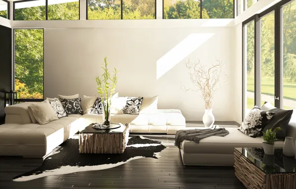 Flowers, sofa, chairs, living room, vases