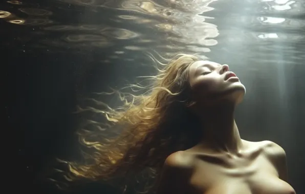 Chest, water, girl, rays, light, nature, pose, bathing