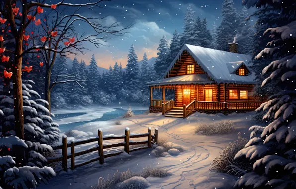 Winter, forest, snow, night, house, Christmas, New year, house