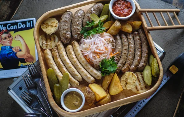 Ketchup, cucumbers, potatoes, sausages, mustard