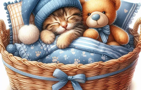 Cat, look, pose, kitty, toy, sleep, pillow, bear
