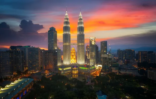 The sky, clouds, the city, lights, dawn, building, morning, tower