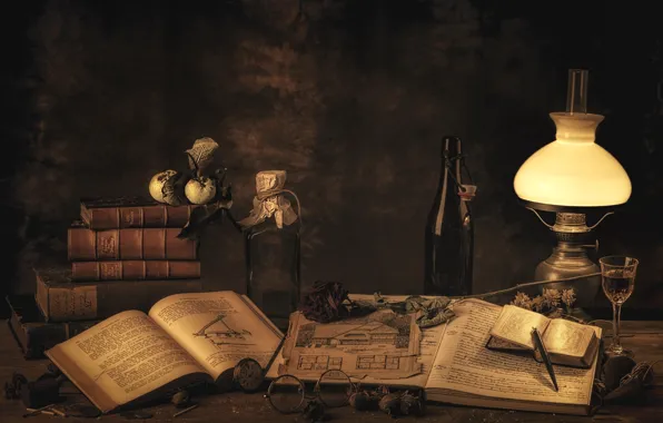 Books, bottle, lamp, glasses, still life