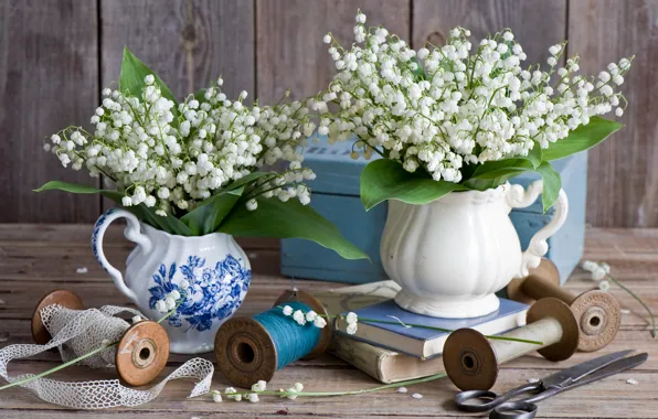 Picture books, still life, thread, lilies of the valley, scissors, braid, coil