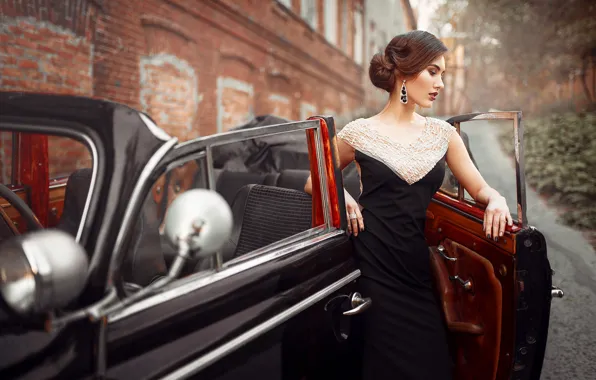 Auto, look, girl, pose, retro, earrings, figure, dress